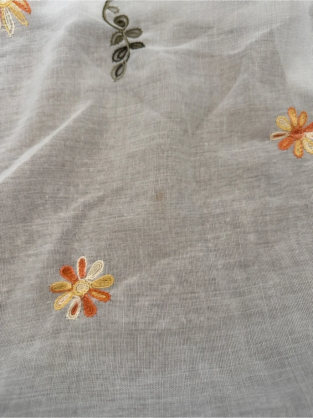 White Floral Embroidered Scarf - Pink & Green Flowers